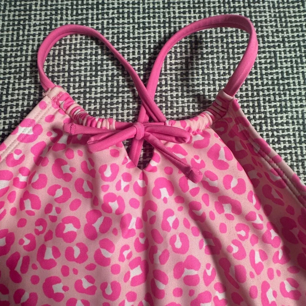 Cat & Jack Girls Pink Leopard Print One Piece Swimsuit High Neck Size XL 14